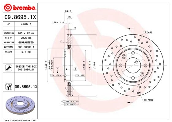 Диск тормозной 0986951X BREMBO 0986951X