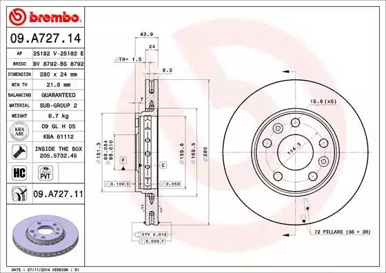Диск тормозной 09A72711 BREMBO 09A72711
